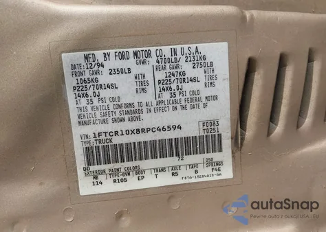 1994 Ford Ranger z USA, uszkodzony, nr VIN 1FTCR10X8RPC46594